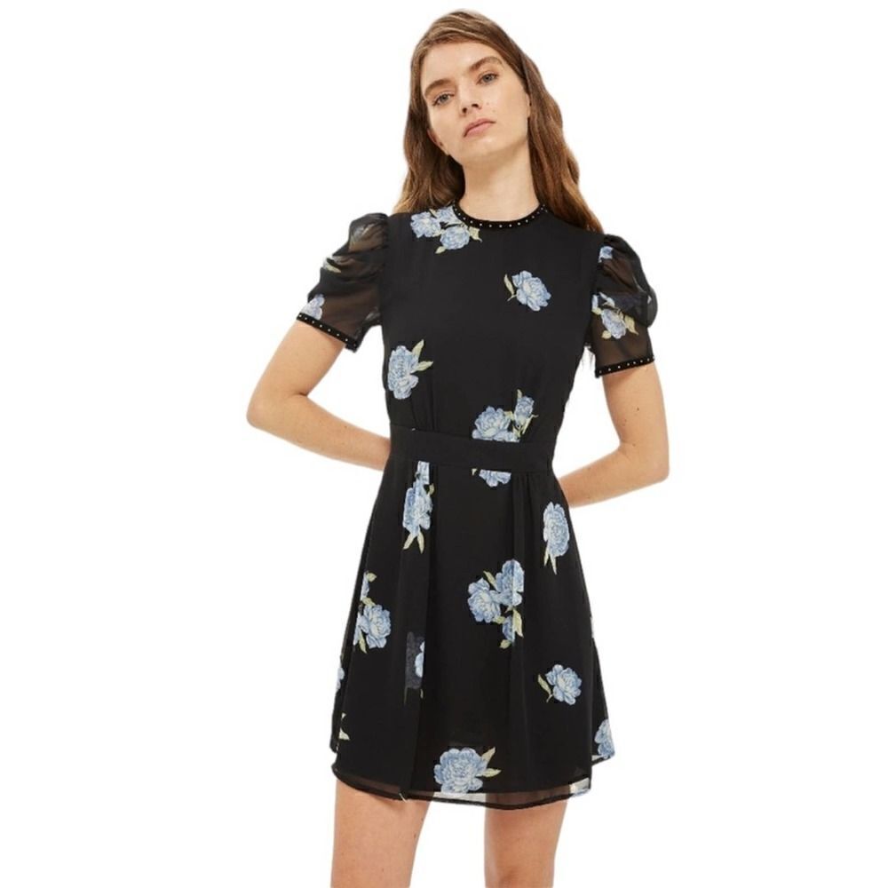 Topshop Studded Puff Sleeve Black Blue Floral Mini Dress - Size 4 NEW
